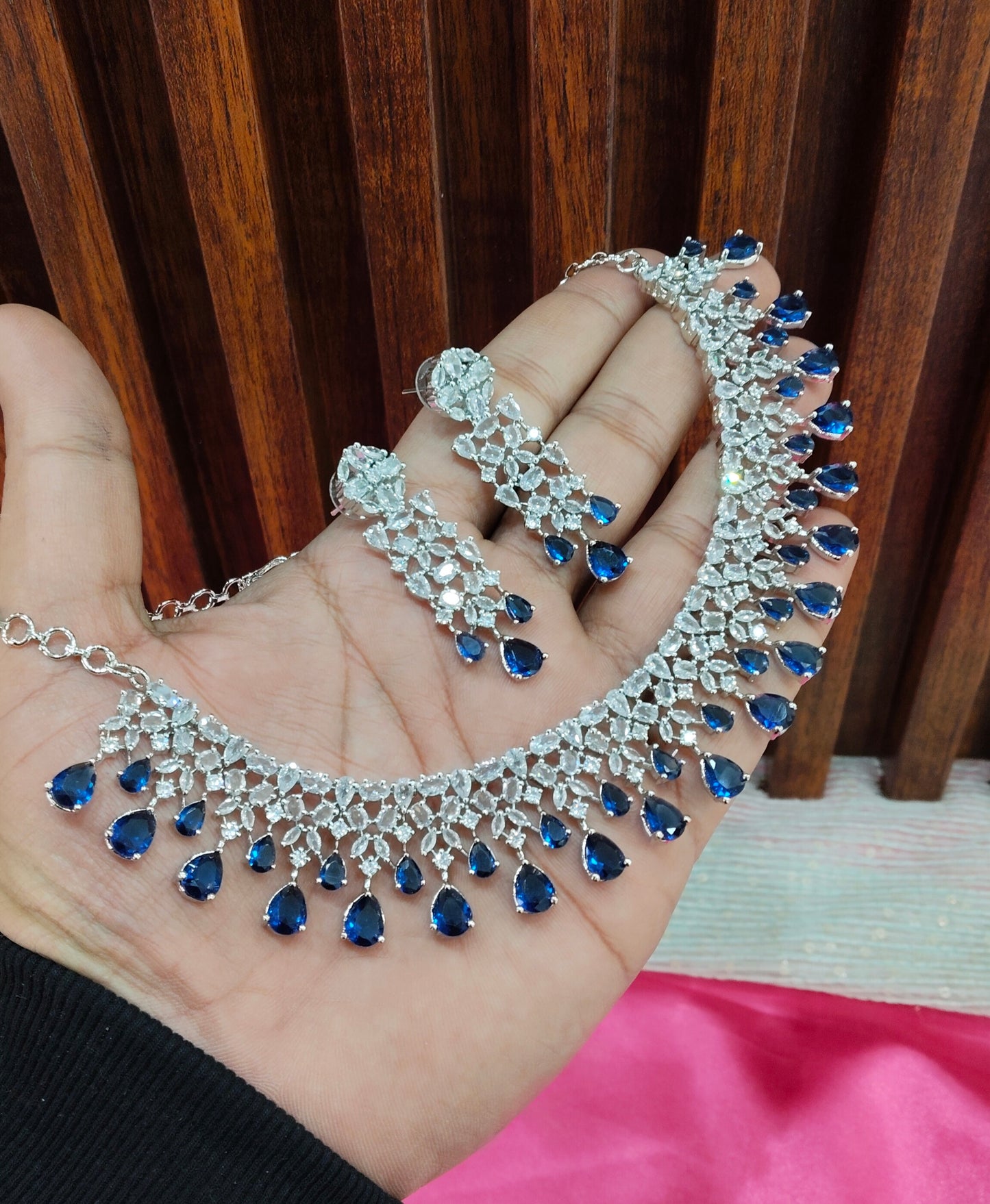 Blue CZ Silver Necklace Indian Jewellery Auj Set