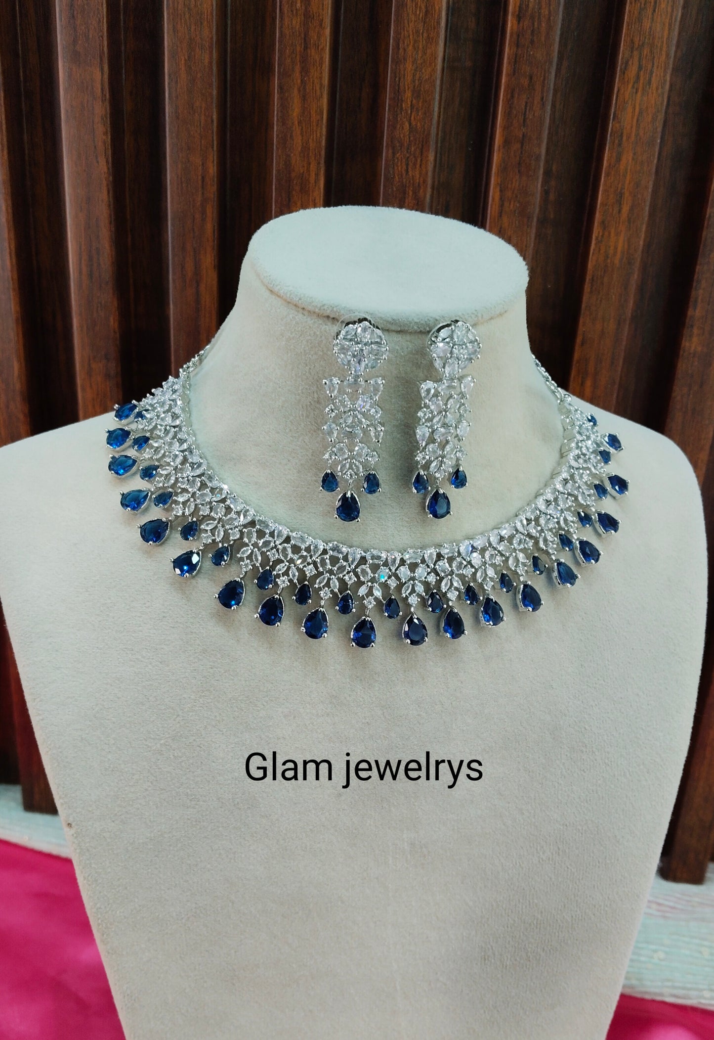 Blue CZ Silver Necklace Indian Jewellery Auj Set