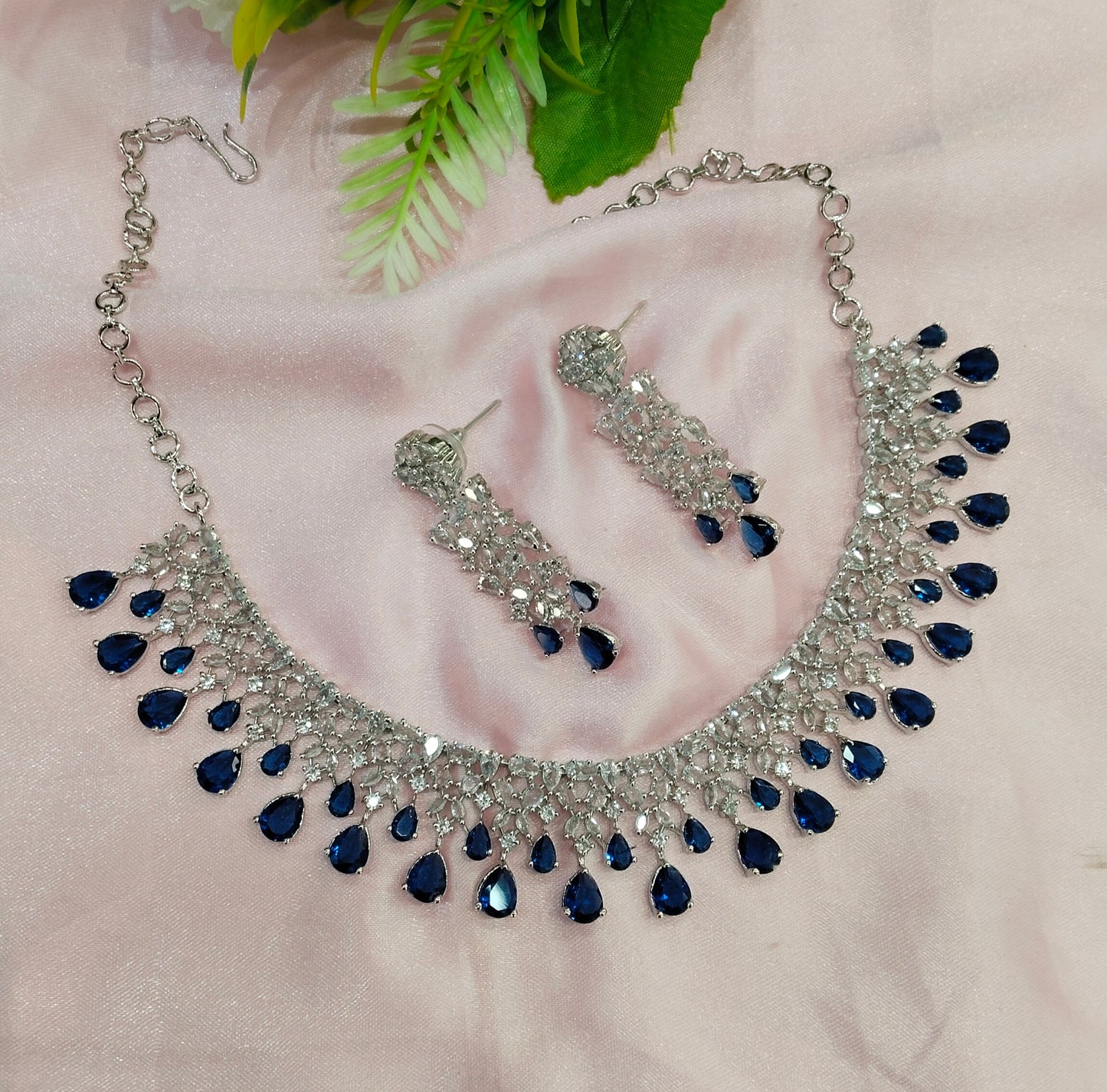 Blue CZ Silver Necklace Indian Jewellery Auj Set