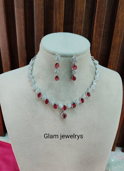 Ruby CZ Silver Necklace Indian Jewellery Karn Set