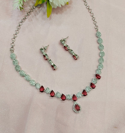 Ruby CZ Silver Necklace Indian Jewellery Karn Set