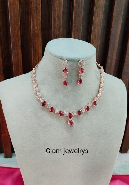 Rose Ruby CZ Silver Necklace Indian Jewellery Karn Set