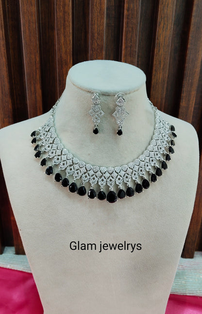 Black CZ Silver Necklace Indian Jewellery Rich Set