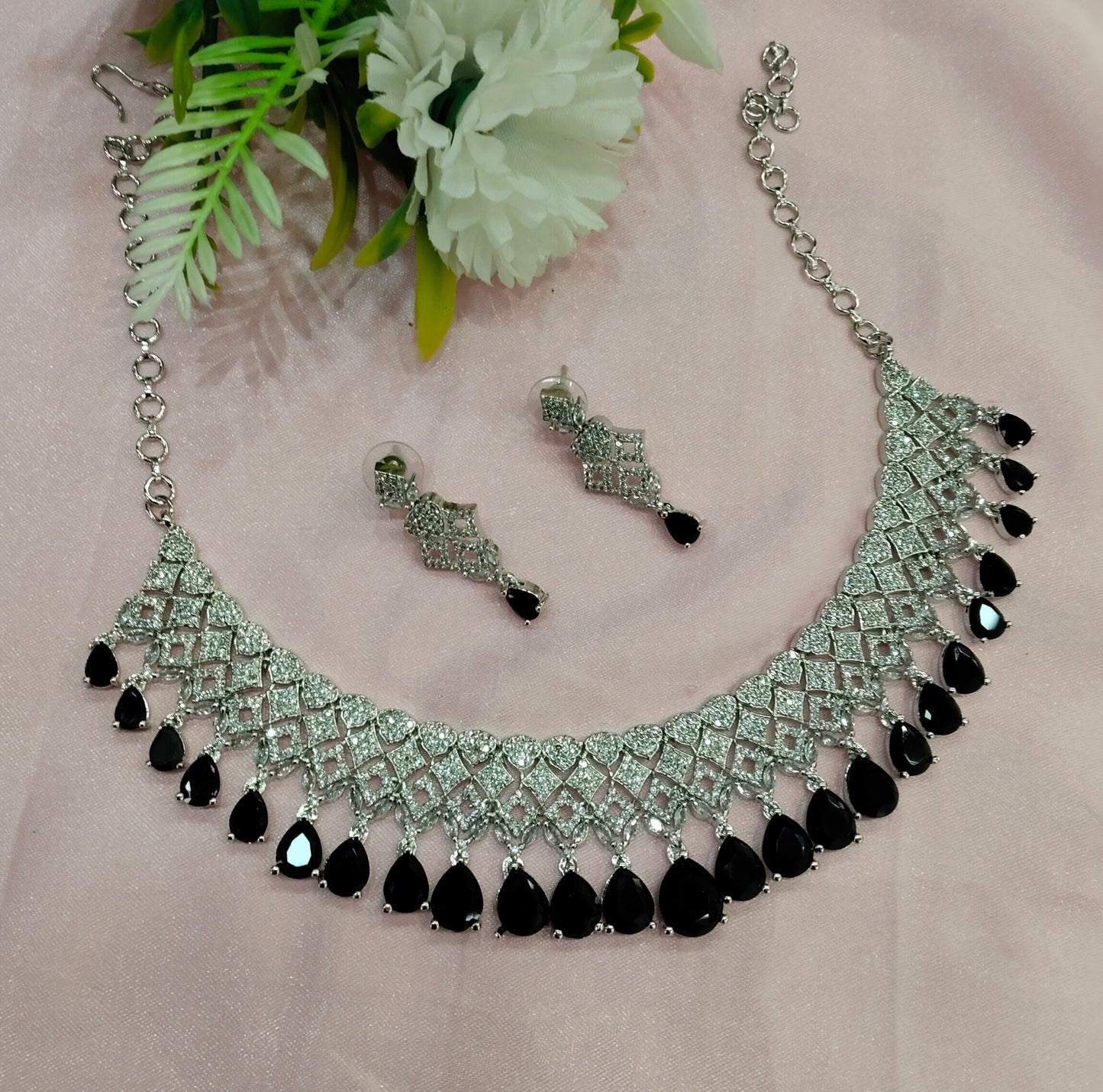 Black CZ Silver Necklace Indian Jewellery Rich Set