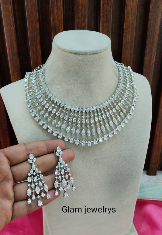 White CZ Silver Necklace Indian Jewellery Rich Set