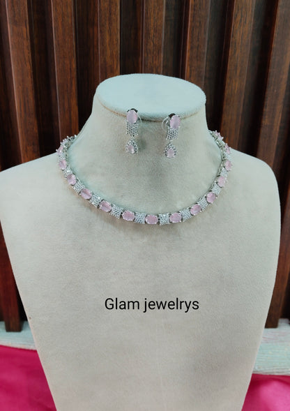 Pink CZ Silver Necklace Indian Jewellery Moscow Set