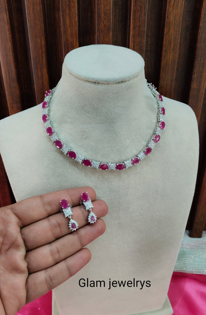 Ruby CZ Silver Necklace Indian Jewellery Moscow Set