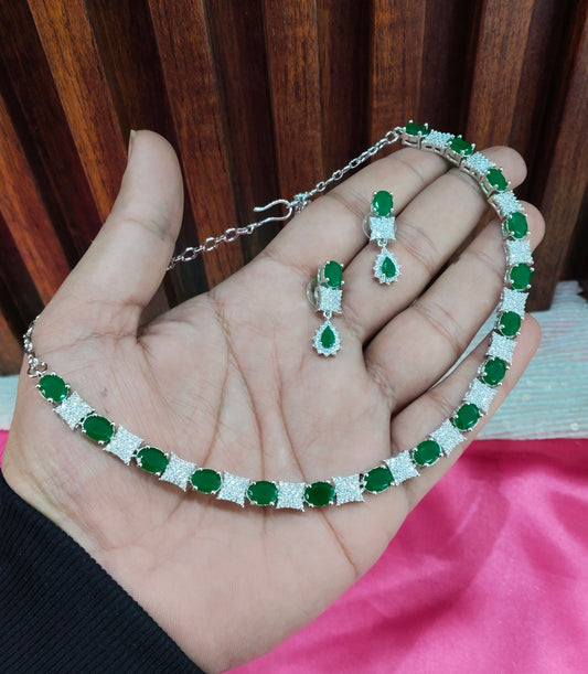 Green CZ Silver Necklace Indian Jewellery Moscow Set