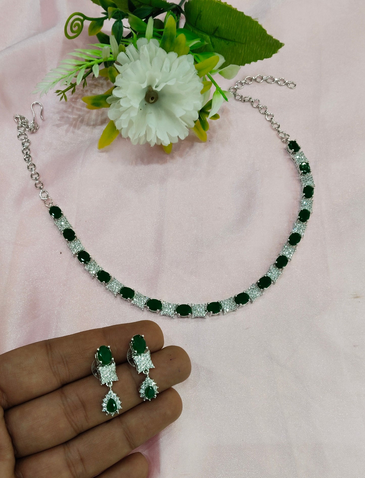 Green CZ Silver Necklace Indian Jewellery Moscow Set