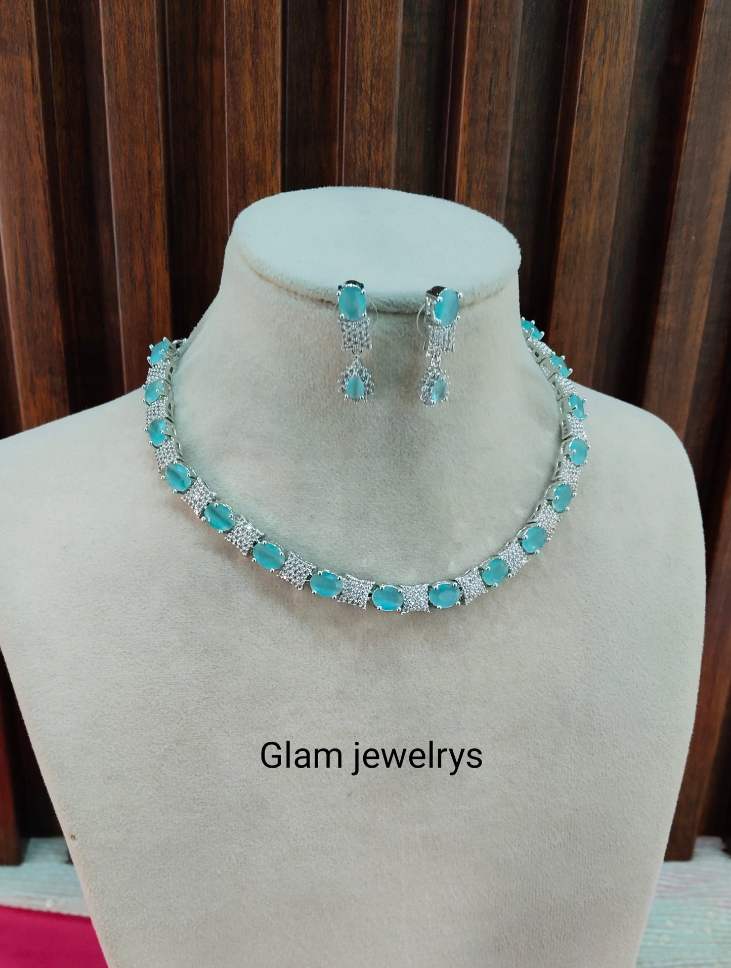 Sea Green CZ Silver Necklace Indian Jewellery Moscow Set