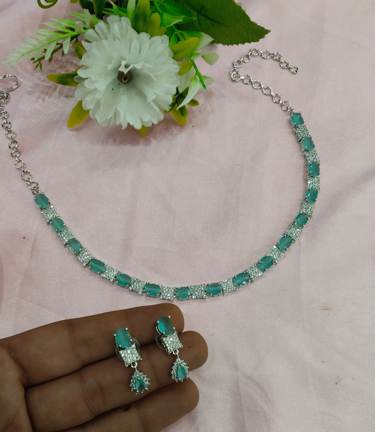 Sea Green CZ Silver Necklace Indian Jewellery Moscow Set