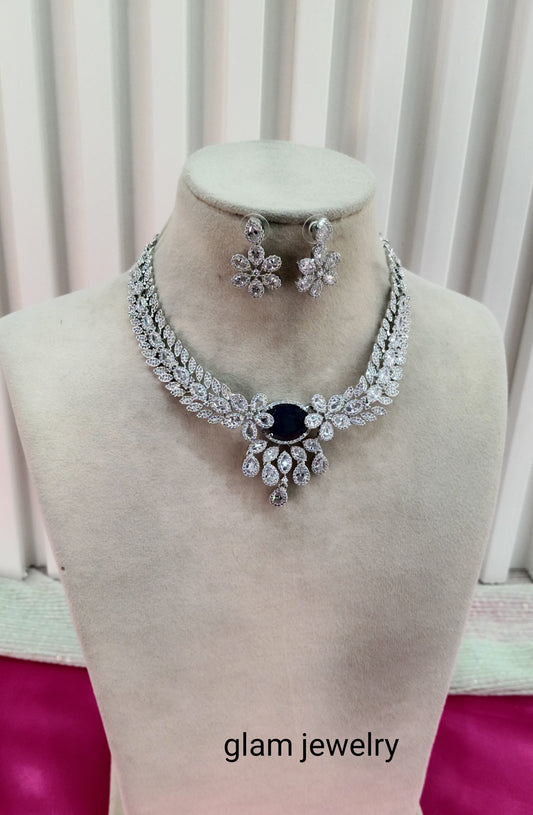 Silver Blue American Diamond CZ Necklace Daljit Set