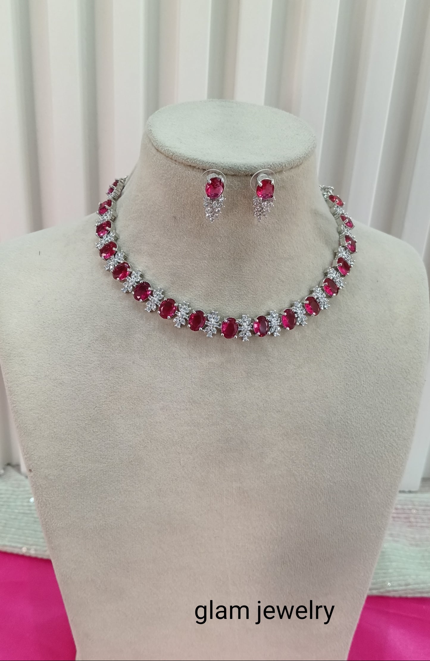 Silver Ruby American Diamond CZ Necklace Aujla Set