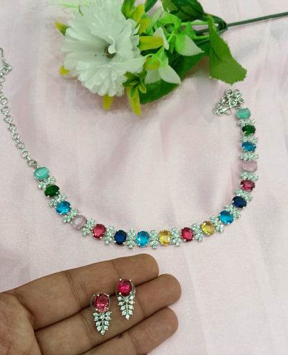 Silver Multi Colour American Diamond CZ Necklace Aujla Set