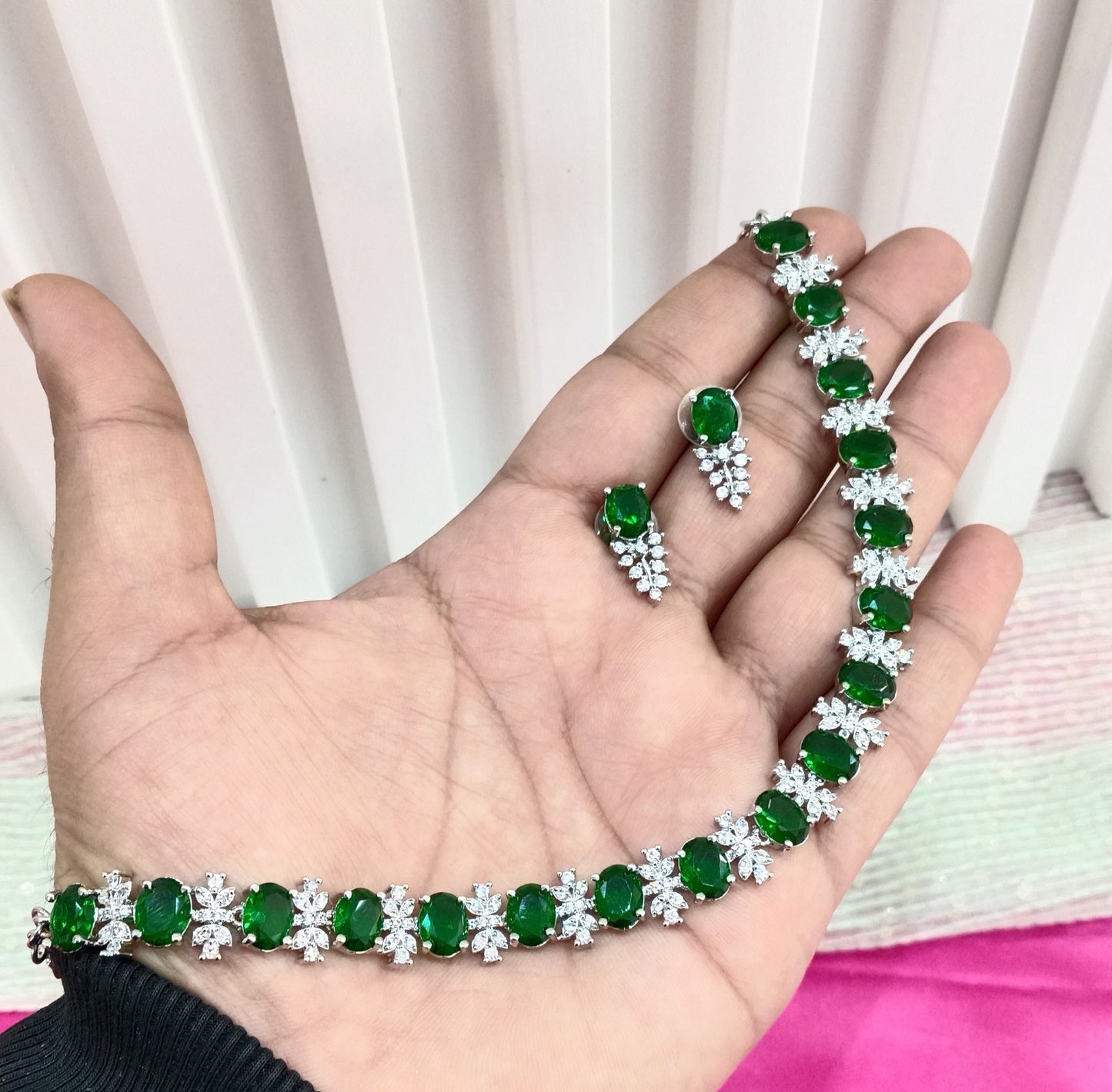 Silver Green American Diamond CZ Necklace Aujla Set