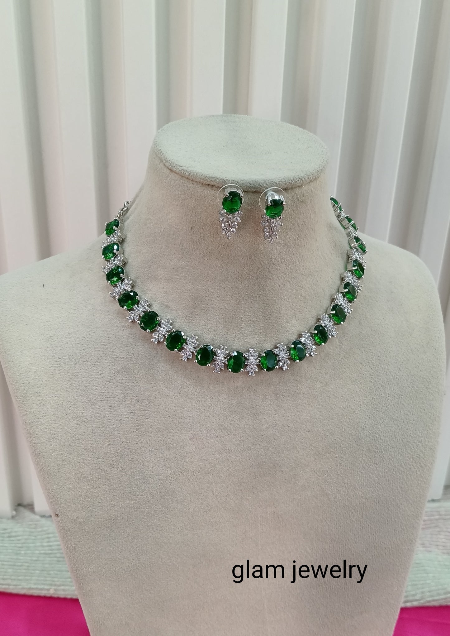 Silver Green American Diamond CZ Necklace Aujla Set