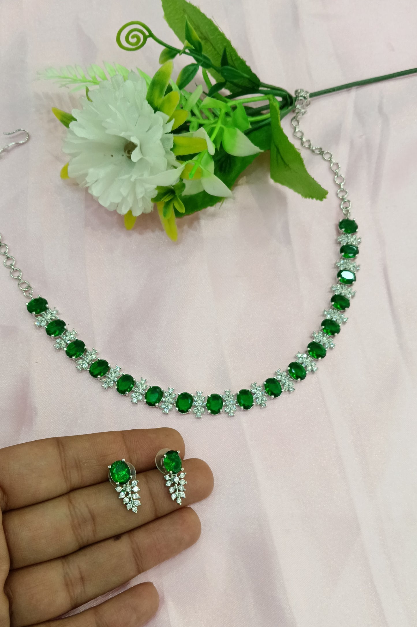 Silver Green American Diamond CZ Necklace Aujla Set