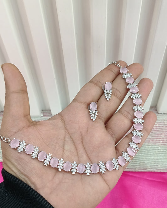 Silver Pink American Diamond CZ Necklace Aujla Set