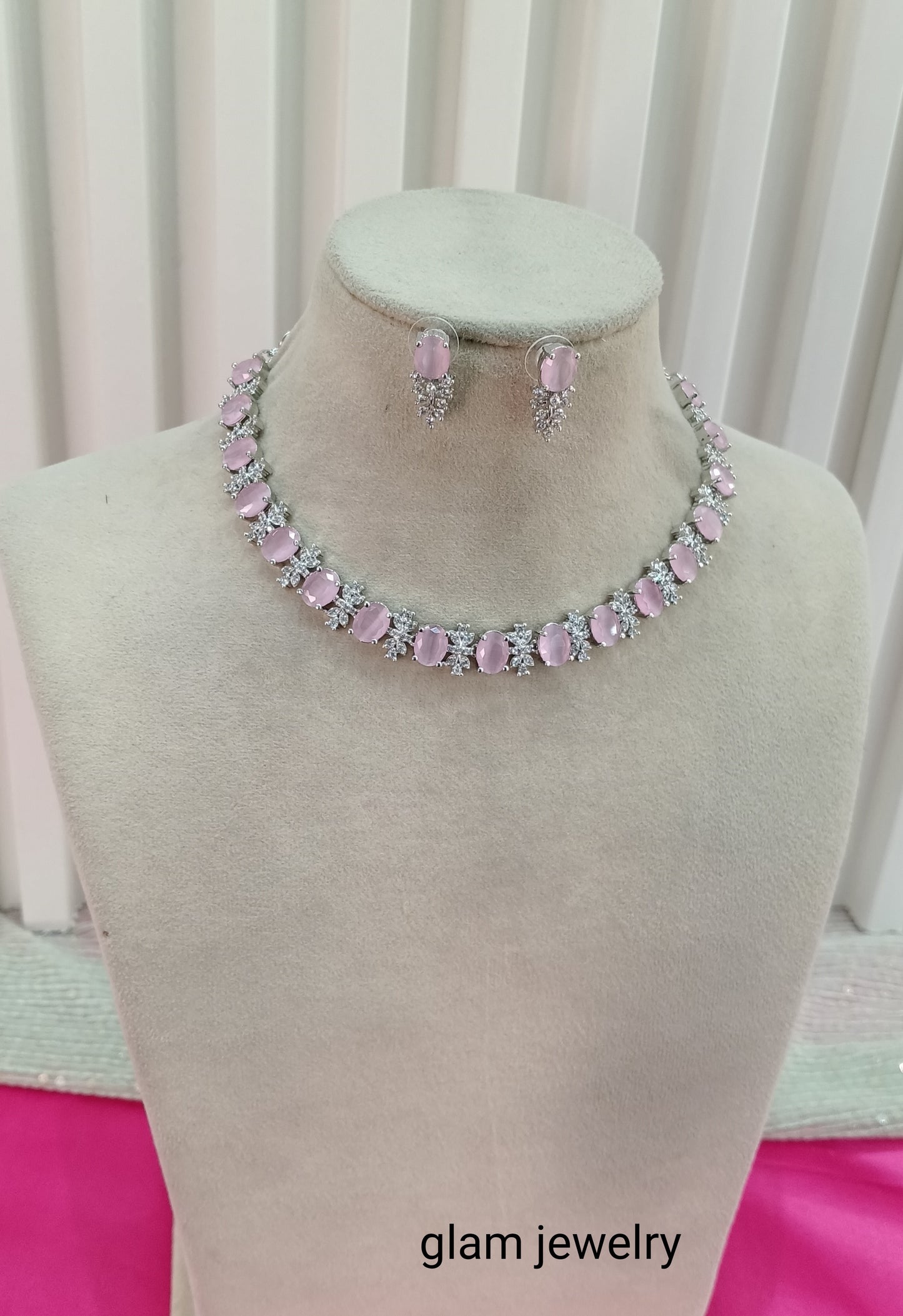 Silver Pink American Diamond CZ Necklace Aujla Set