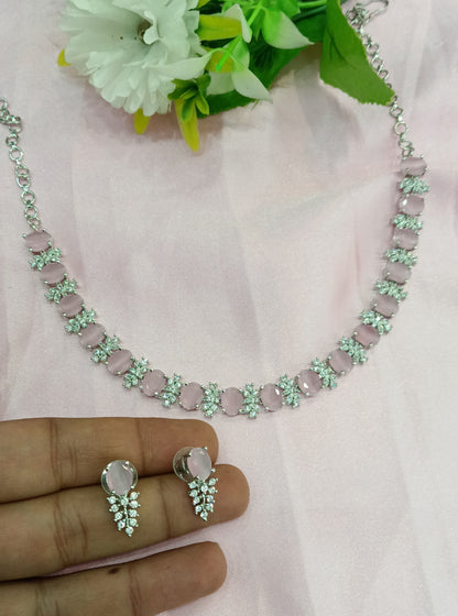 Silver Pink American Diamond CZ Necklace Aujla Set