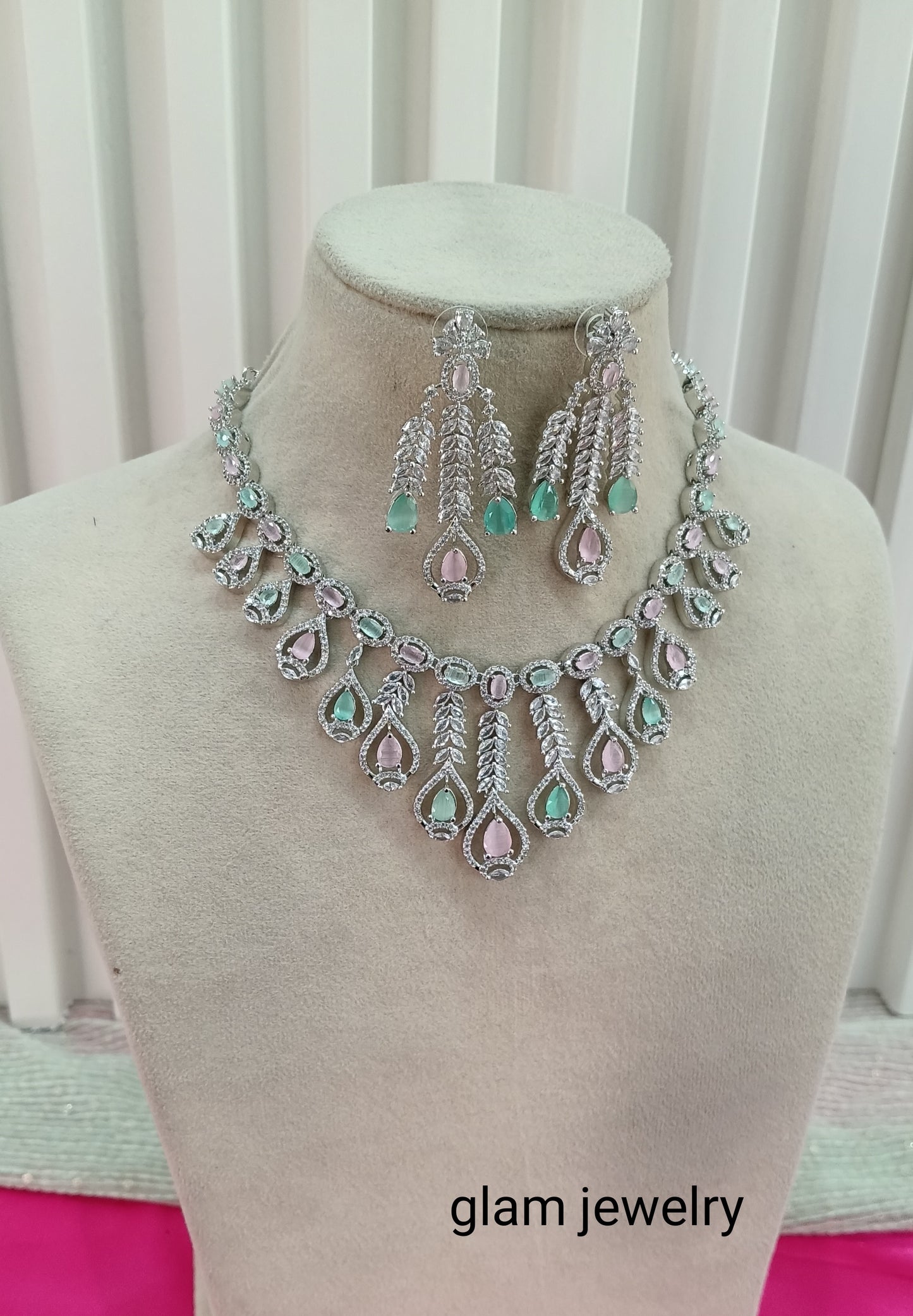 Silver Sea Green American Diamond CZ Necklace Micki Set