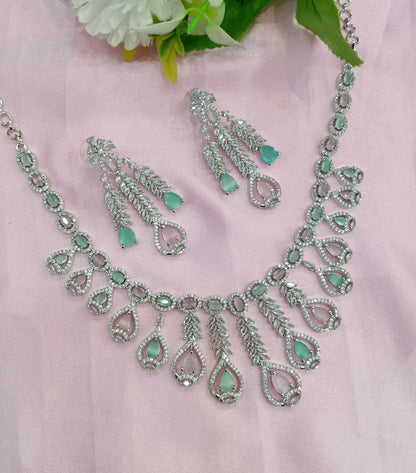 Silver Sea Green American Diamond CZ Necklace Micki Set