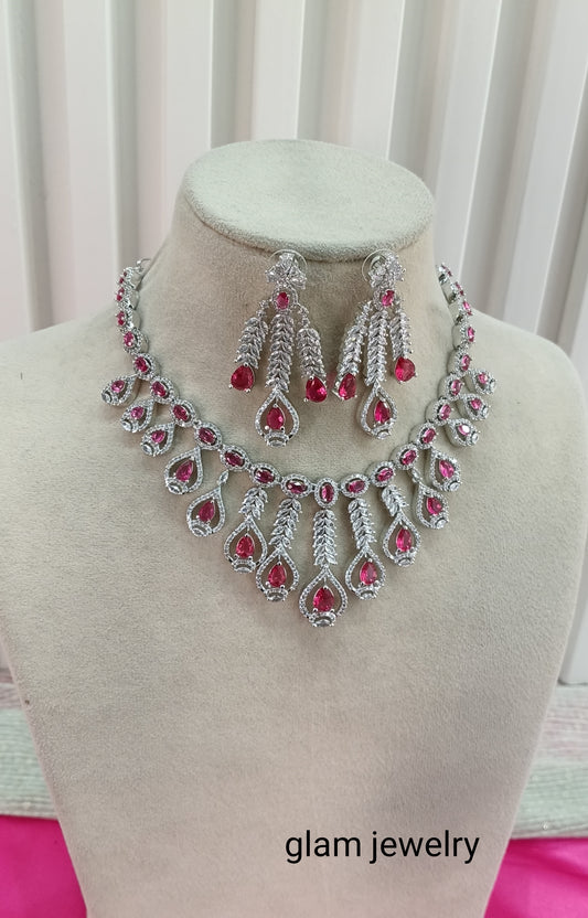 Silver Ruby American Diamond CZ Necklace Micki Set