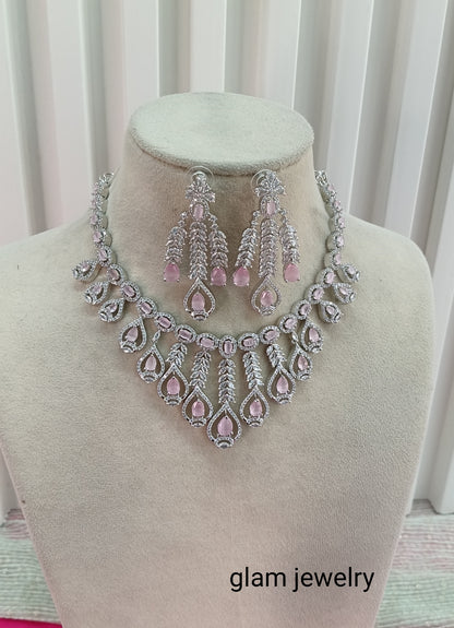 Silver Pink American Diamond CZ Necklace Micki Set