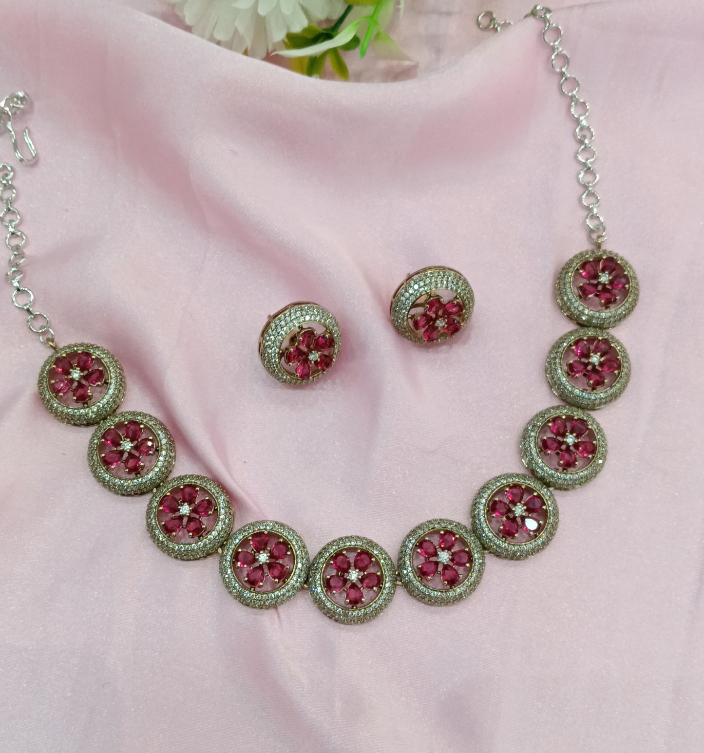 Victorian Ruby American Diamond CZ Necklace City Set