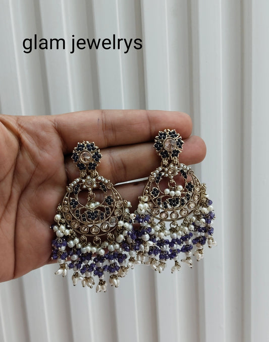 Lavender Antique Gold Chandbali Bollywood Indian Earrings Lila Set