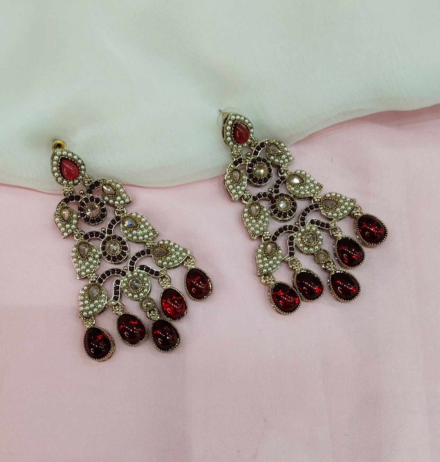 Maroon Antique Gold Bollywood Indian Earrings Rava Set