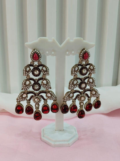 Maroon Antique Gold Bollywood Indian Earrings Rava Set