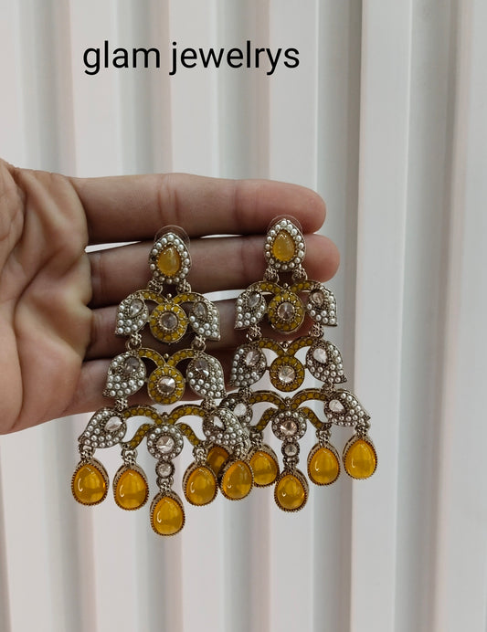 Yellow Antique Gold Bollywood Indian Earrings Rava Set