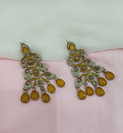 Yellow Antique Gold Bollywood Indian Earrings Rava Set