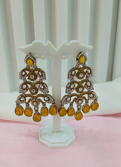 Yellow Antique Gold Bollywood Indian Earrings Rava Set