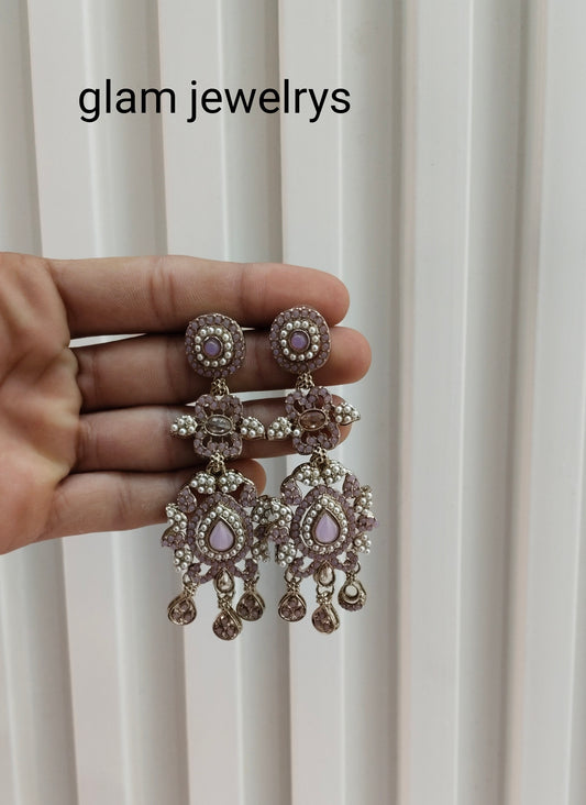 Lavender Antique Gold Bollywood Indian Earrings Nahar Set