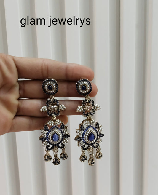 Blue Antique Gold Bollywood Indian Earrings Nahar Set