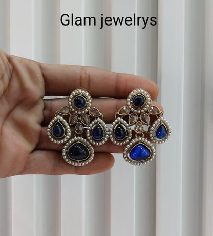 Blue Antique Gold Bollywood Indian Earrings Global Set