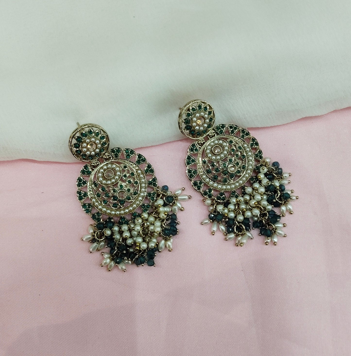 Rama Green Antique Gold Bollywood Indian Earrings pari Set