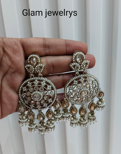 White Gold  Champagne Stone Bollywood Indian Earrings Tokyo Set