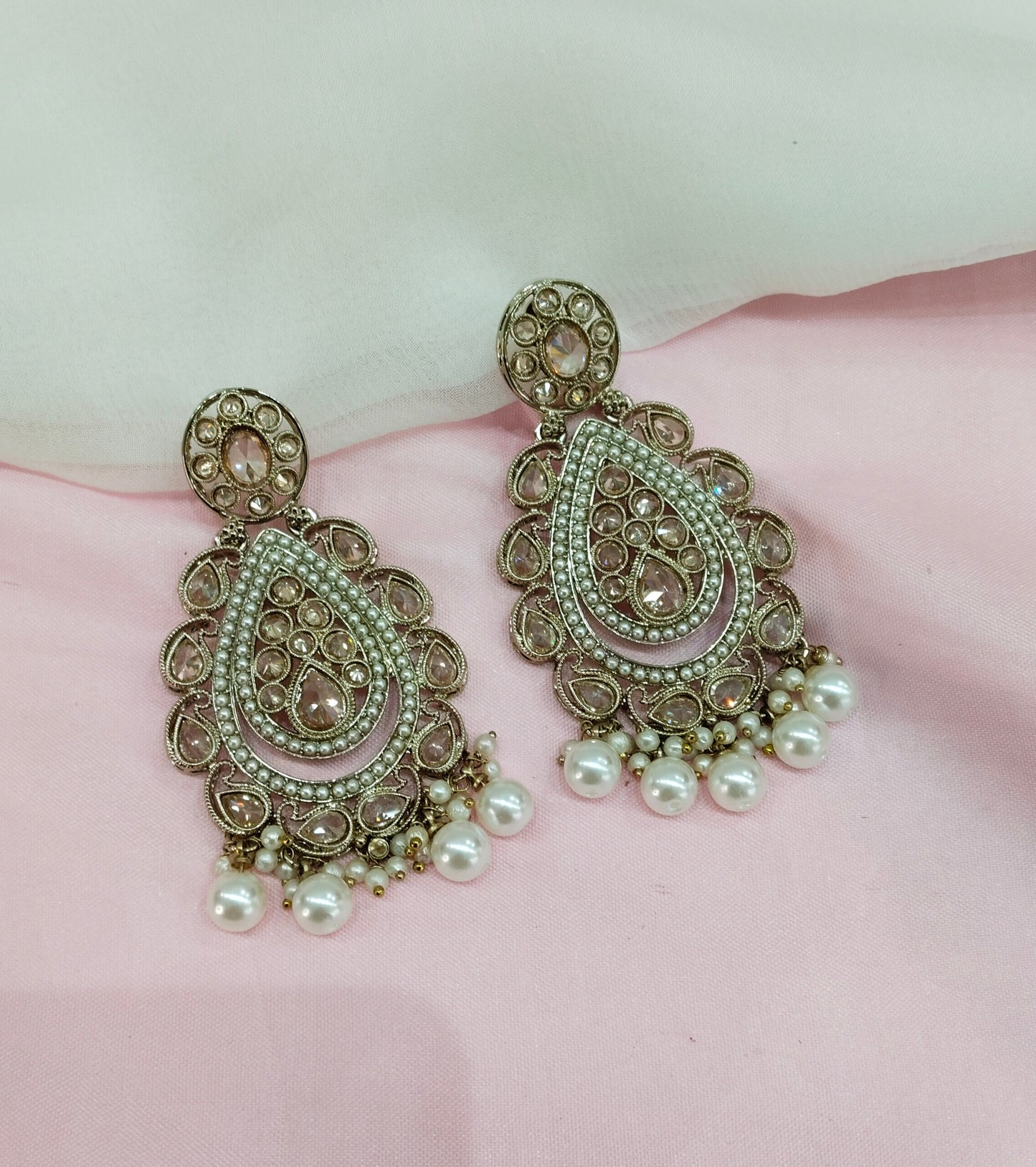 White Gold  Champagne Stone Bollywood Indian Earrings Tokyo Set