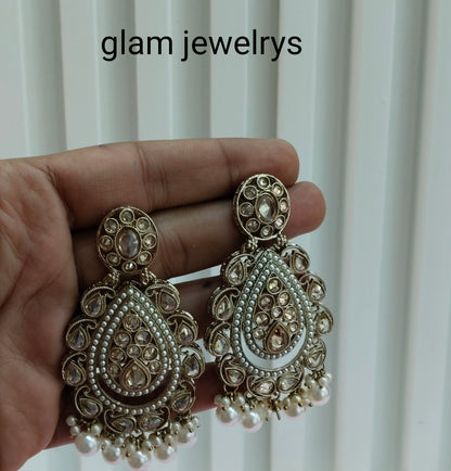 White Gold  Champagne Stone Bollywood Indian Earrings Tokyo Set