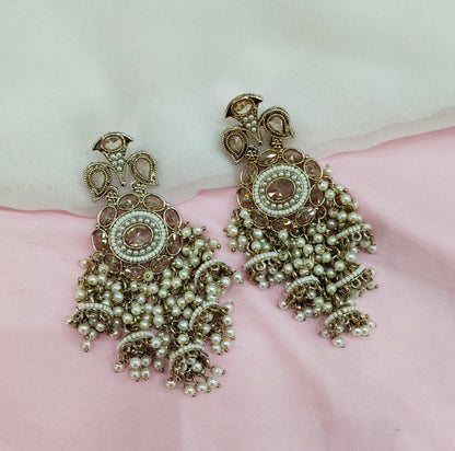 White Gold  Champagne Stone Bollywood Indian Earrings Tokyo Set