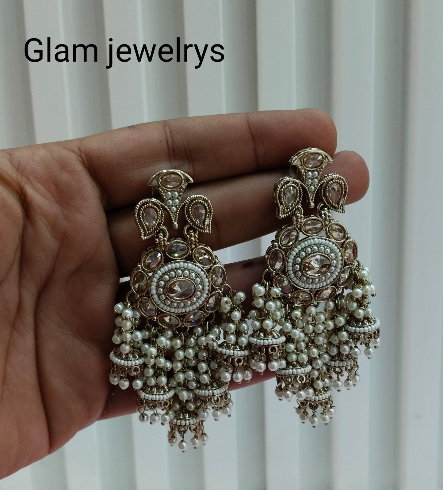 White Gold  Champagne Stone Bollywood Indian Earrings Tokyo Set