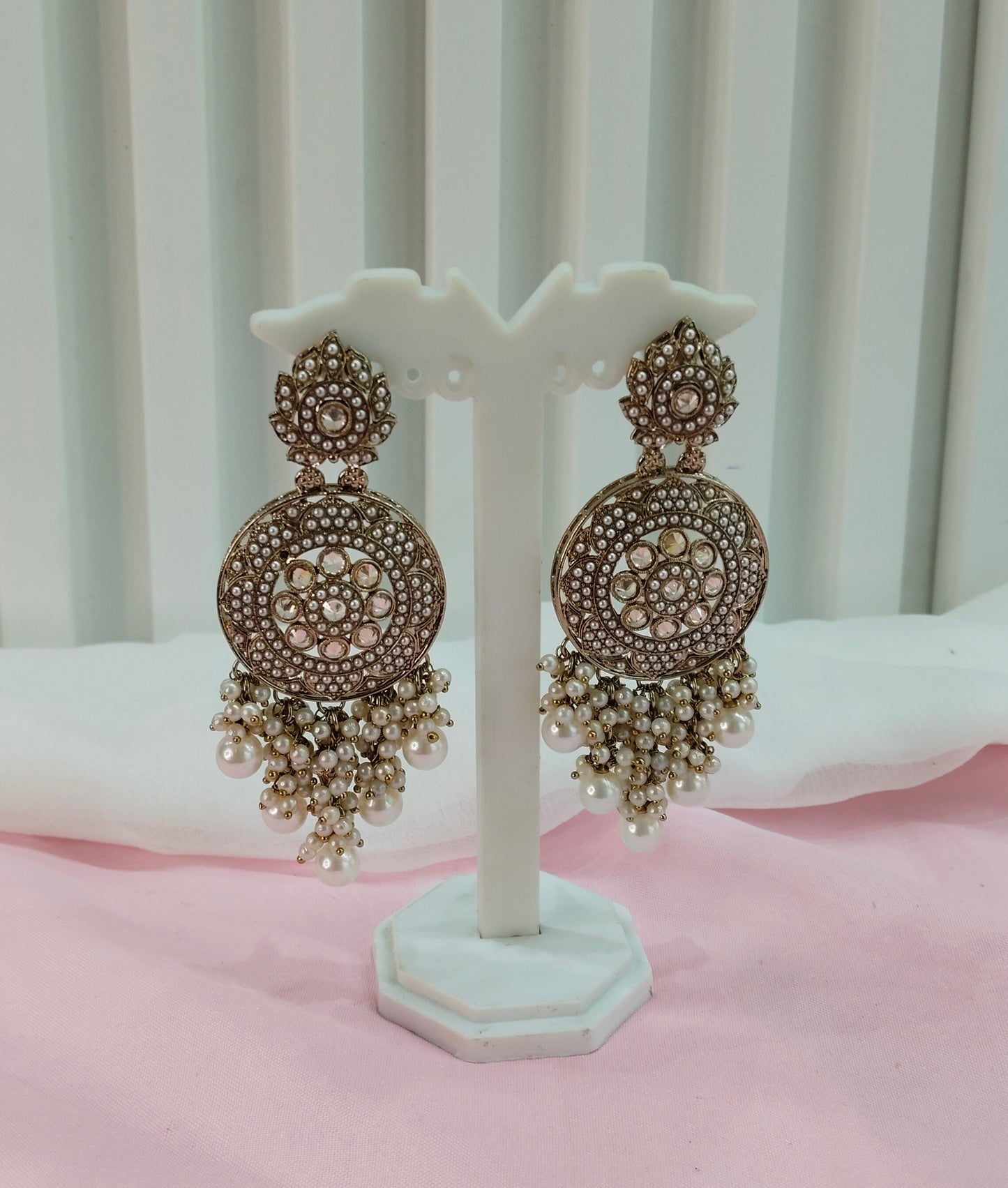 White Gold  Champagne Stone Bollywood Indian Earrings Tokyo Set