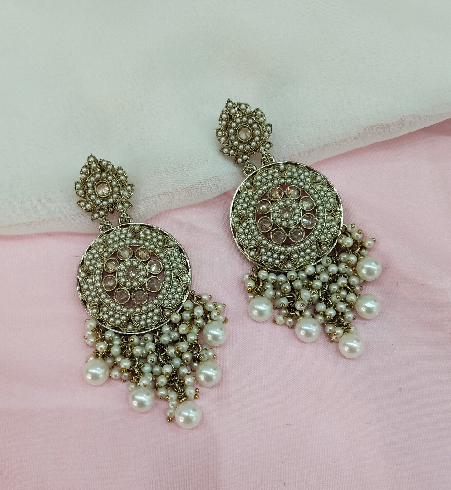 White Gold  Champagne Stone Bollywood Indian Earrings Tokyo Set