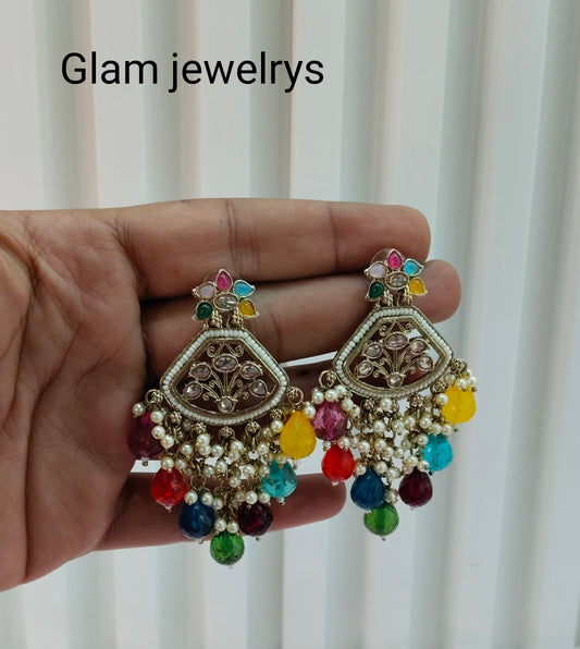 Multi Color Gold  Champagne Stone Bollywood Indian Earrings Tokyo Set