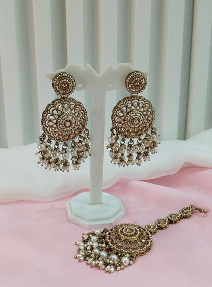 White Gold Champagne Stone Bollywood Indian Earrings Rio Tikka Set