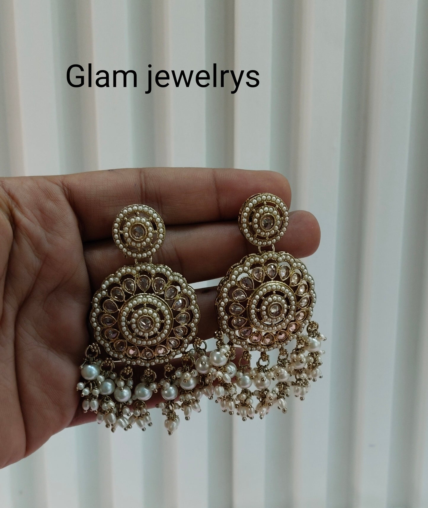 White Gold Champagne Stone Bollywood Indian Earrings Rio Tikka Set