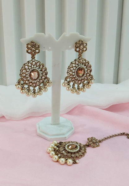 White Gold Champagne Stone Bollywood Indian Earrings Rio Tikka Set